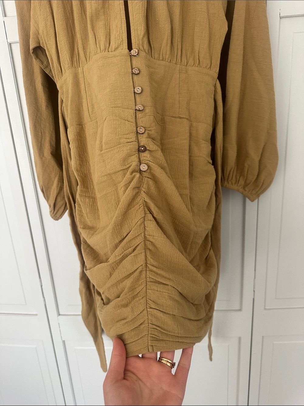 Free People Mustard Long Sleeve Tie-Neck Dress - Picture 7 of 9